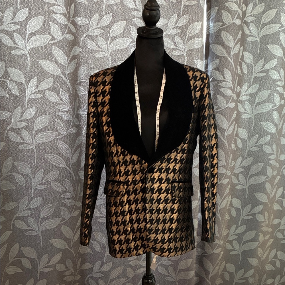 Gold Black Houndstooth Blazer Velvet Shawl Collar Metallic Statement Jacket